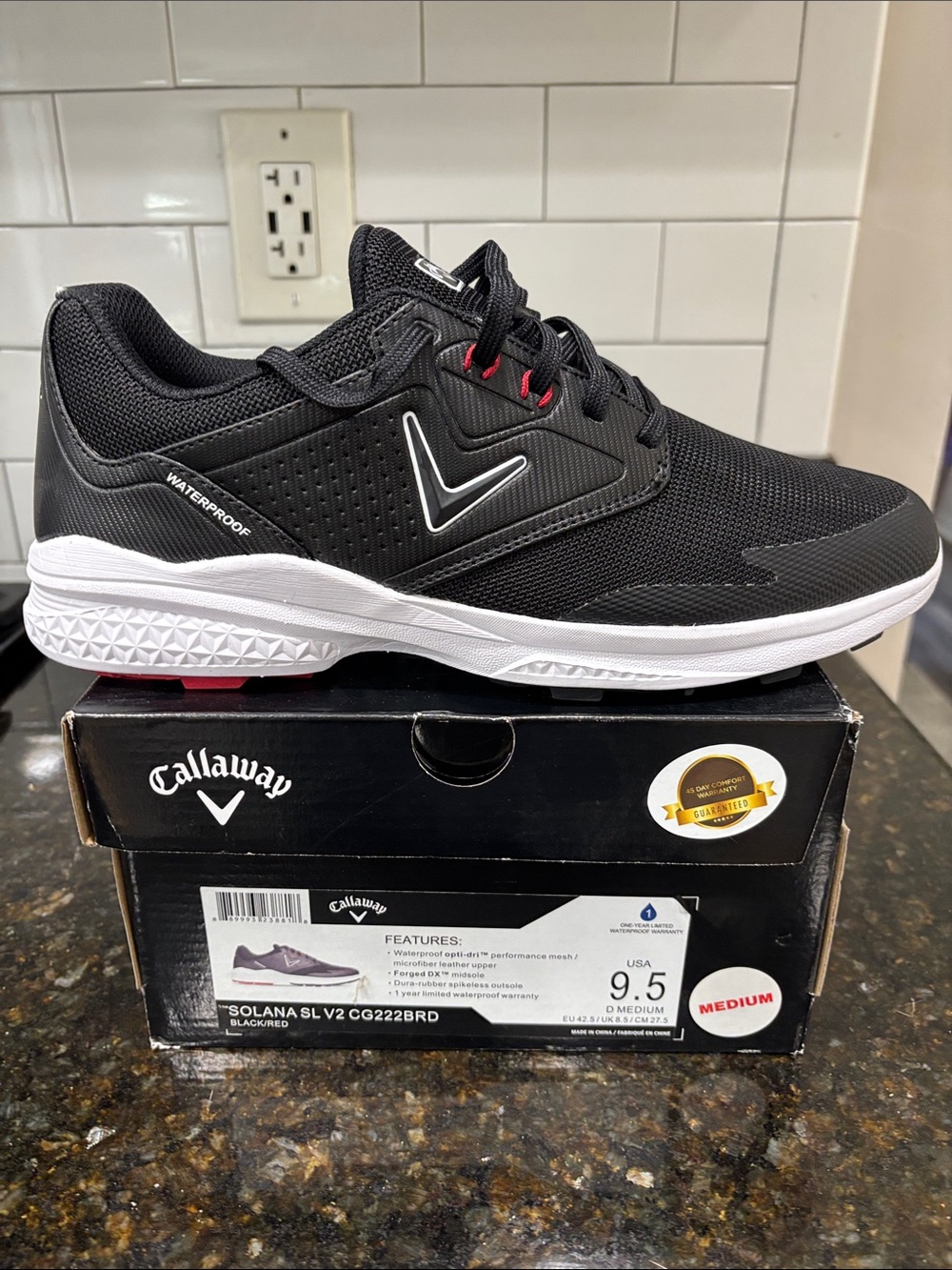 Callaway Solana SL V2 Waterproof Spikeless Golf Shoes Black Red Men’s 9.5 NEW